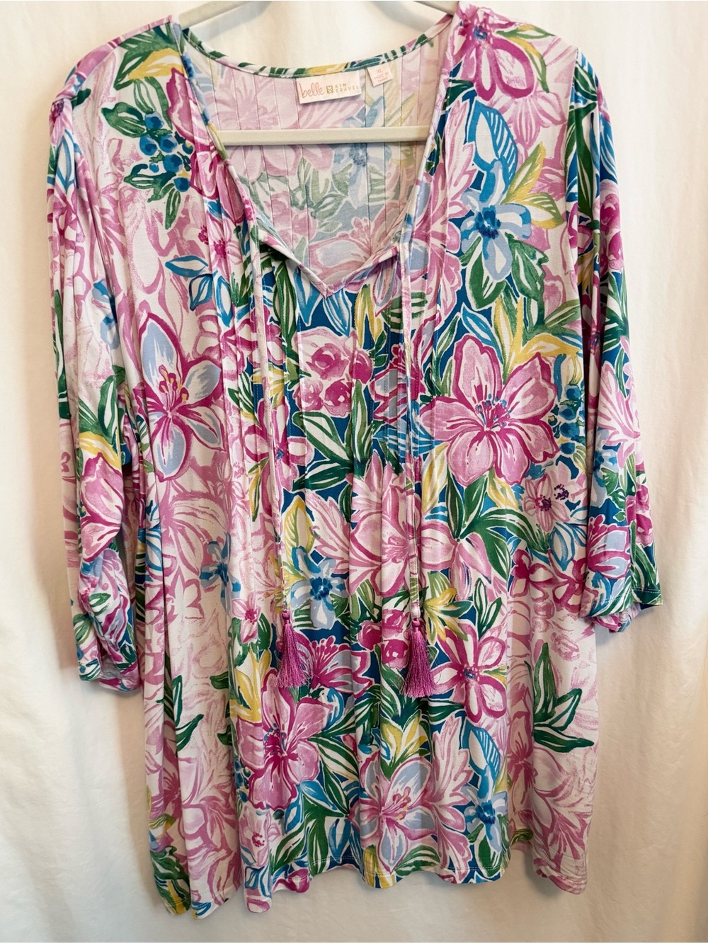 Belle by Kim Gravel Pink Floral Tie-Neck Tunic EUC